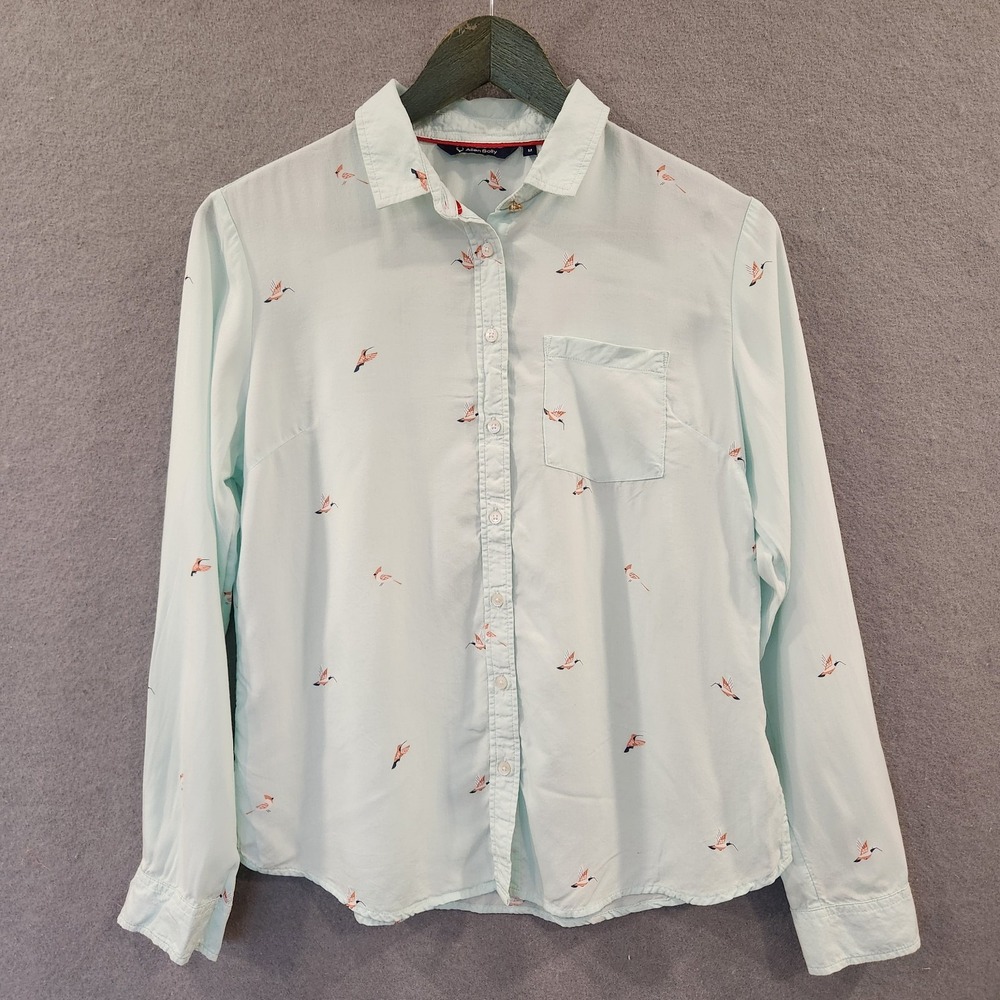 Allen Solly Button Up Blouse M Womens Light Blue Aqua Hummingbirds Birds